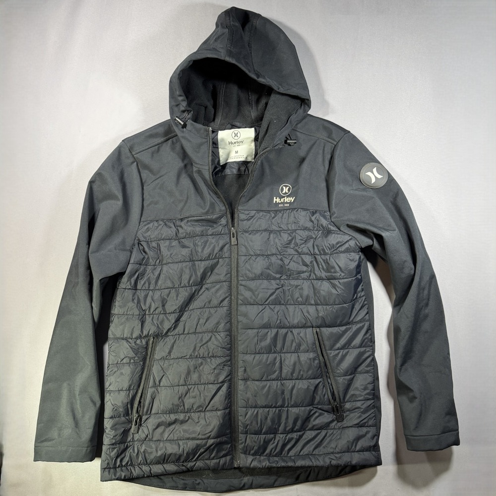 Hurley Mens Vossler Medium Black Hybrid Puffer Softshell Hooded Jacket Coat